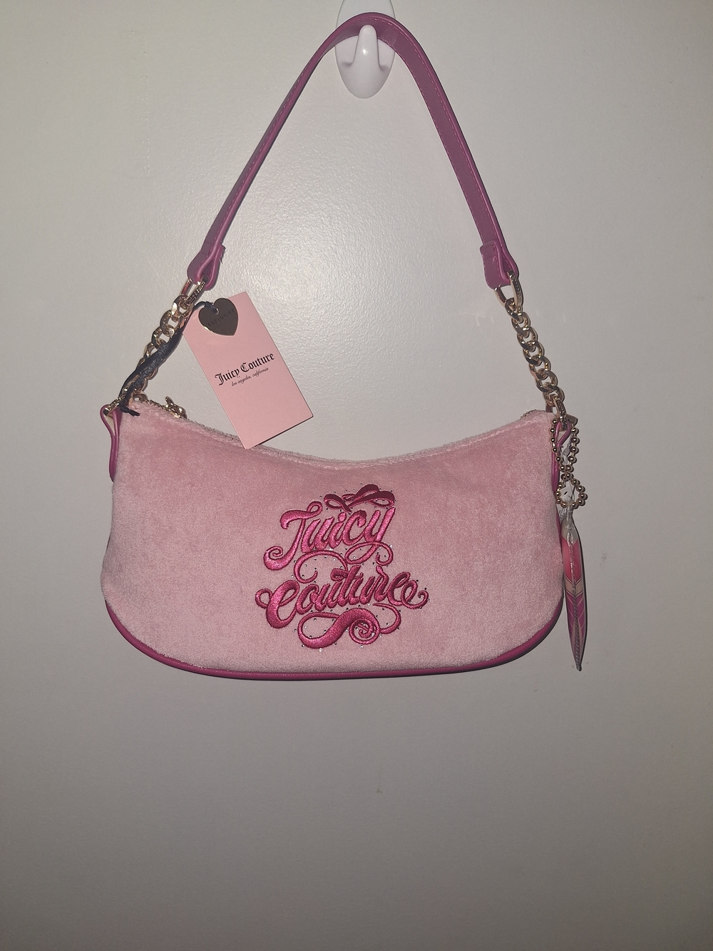 EXCLUSIVE U2Juicy Couture Light Pink Velour Shoulder Bag with Hot Pink Trim